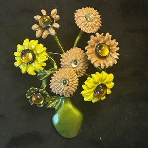 Green and Yellow Floral Bouquet Brooch with Amber Rhinestones